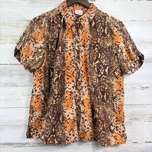 Pappagallo‎ Button Down Shirt Womens Large Orange Snakeskin Animal Print Tatiana